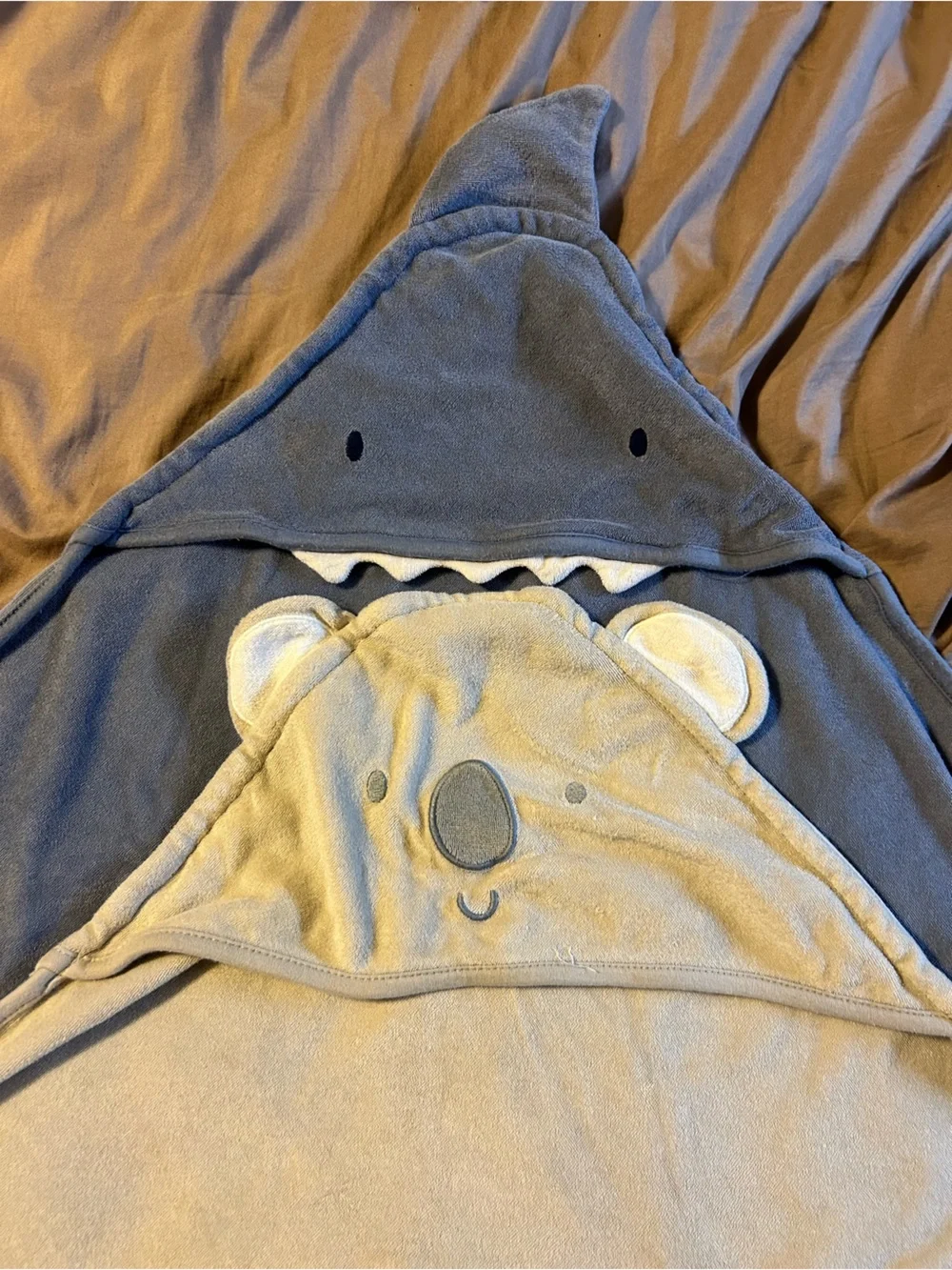 Plush Hooded Baby Towel/Swaddle Duo in Blue and Cream Shark and Koala